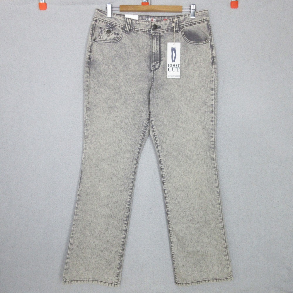 Style & Co Women 14 Gray Acid Wash Bootcut Jeans Rhinestone Embellished NWT